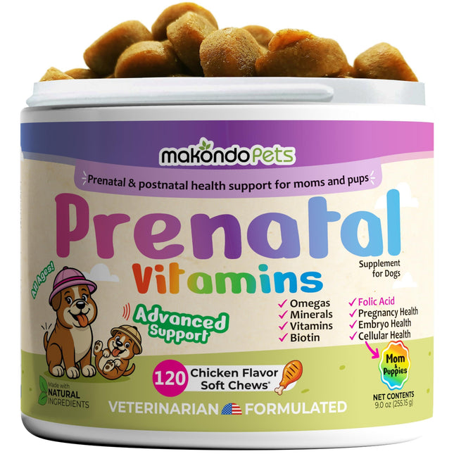 Dog Prenatal Vitamins 120 Soft Chews Multivitamin Folic Acid Zinc B Complex DHA & EPA Omegas and Probiotics Supplement for Pregnant Nursing Breastfeeding Pet Mom & Puppy Vitamin Formula