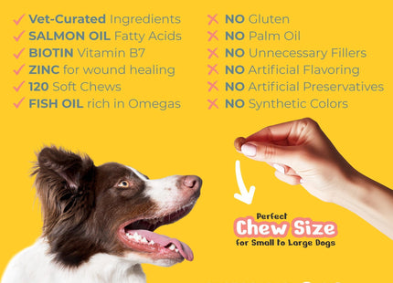 Omega 3 for Dogs 120 Fish Oil Treats for Shedding Dog Allergy Chews Skin and Coat Supplement Itch Relief Hot Spots Joint Health EPA & DHA Fatty Acids Biotin Puppy Salmon Oil Soft Chews