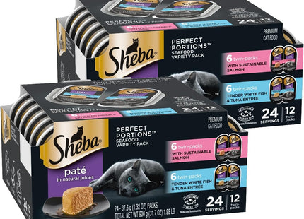 Perfect Portions Wet Cat Food Pate with Sustainable Salmon, Signature Seafood Entree, and Tender Whitefish and Tuna Entree Variety Pack, 2.6 Oz. Twin Pack Trays (24 Count, 48 Servings)