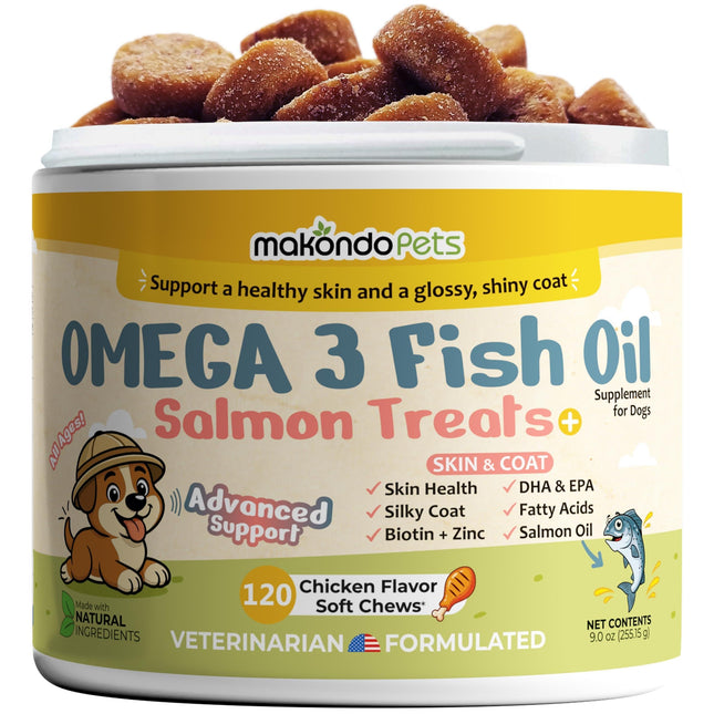 Omega 3 for Dogs 120 Fish Oil Treats for Shedding Dog Allergy Chews Skin and Coat Supplement Itch Relief Hot Spots Joint Health EPA & DHA Fatty Acids Biotin Puppy Salmon Oil Soft Chews