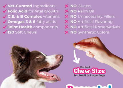 Dog Prenatal Vitamins 120 Soft Chews Multivitamin Folic Acid Zinc B Complex DHA & EPA Omegas and Probiotics Supplement for Pregnant Nursing Breastfeeding Pet Mom & Puppy Vitamin Formula