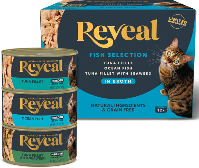Natural Wet Canned Cat Food, Limited Ingredient, Grain-Free, High Protein with No Artificial Additives, Fish Variety in Broth (12 X 2.47 Oz Cans)