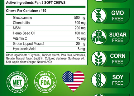 Glucosamine for Dogs Hip and Joint Supplement for Dogs Glucosamine Chondroitin for Dogs Dog Joint Pain Relief MSM Hemp Advanced Support Dog Joint Supplement 170 Mobility Chews